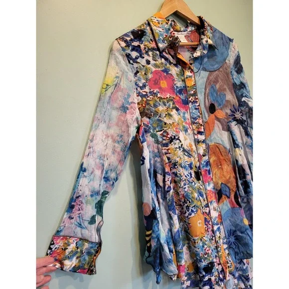 Feratelli Colorful Floral Artsy Semi Sheer Asymmetrical Button Up Tunic Top XL - Picture 3 of 7